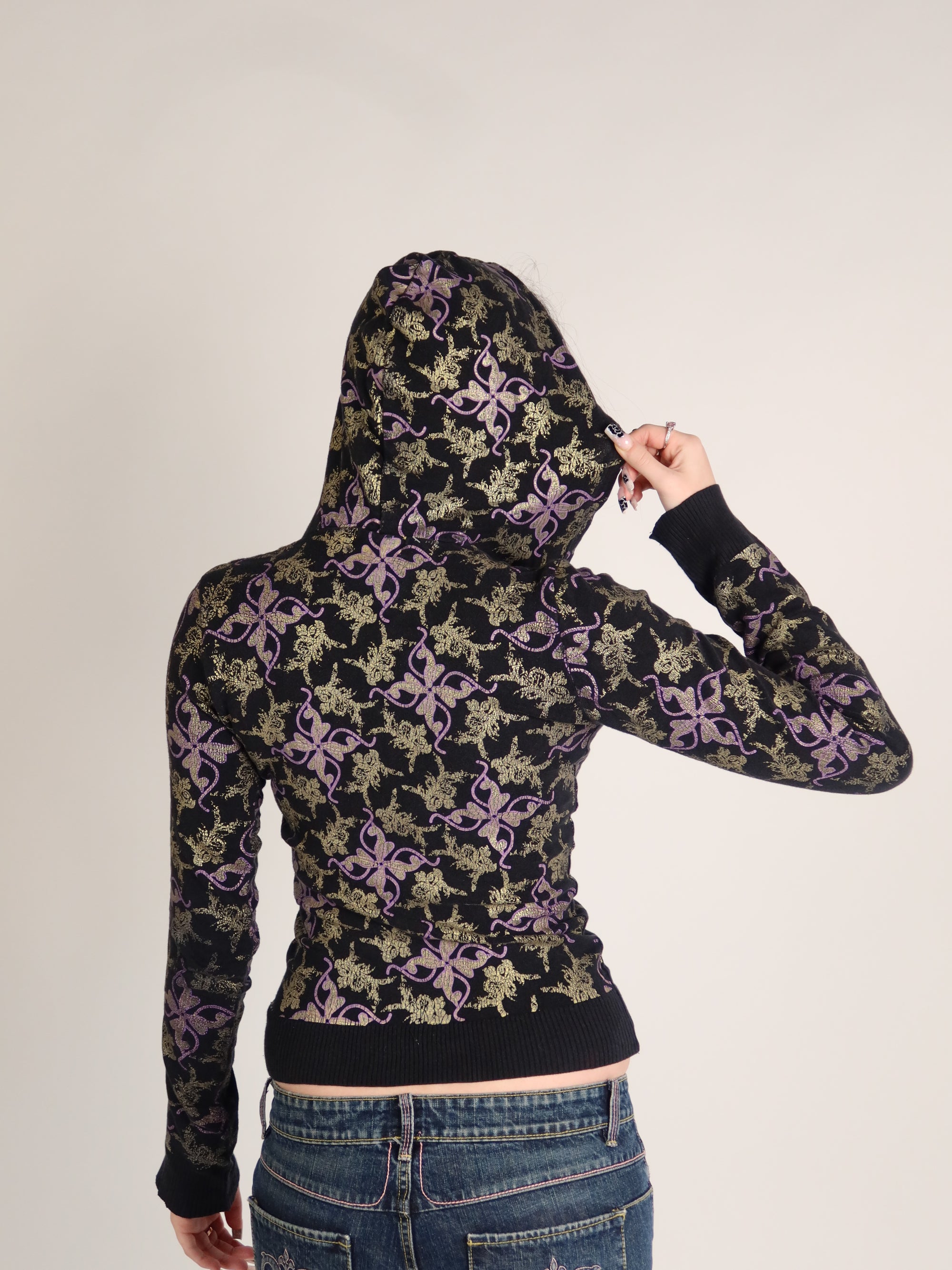 Baby Phat Black Metallic Floral Zip Hoodie XS/S