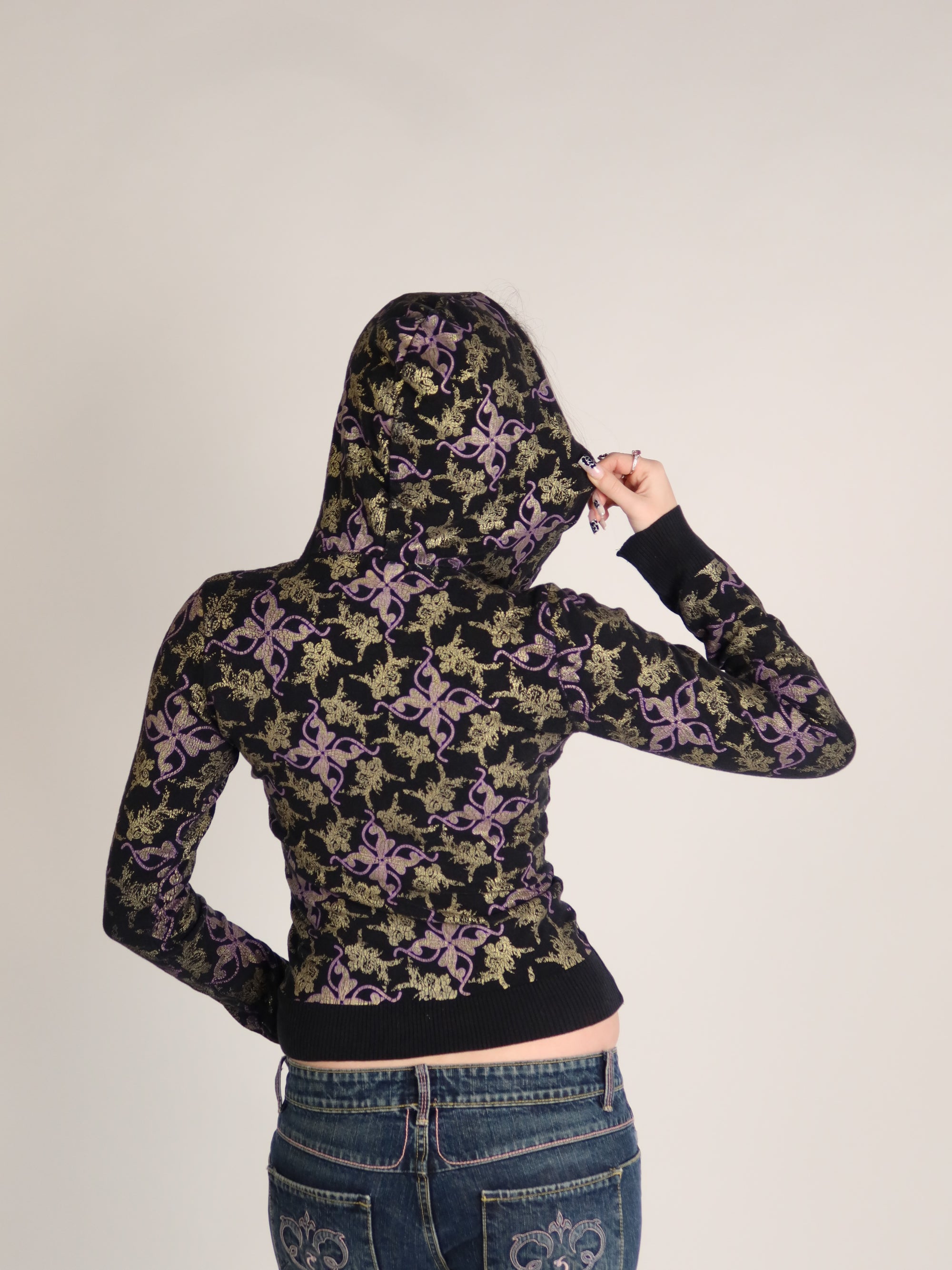 Baby Phat Black Metallic Floral Zip Hoodie XS/S