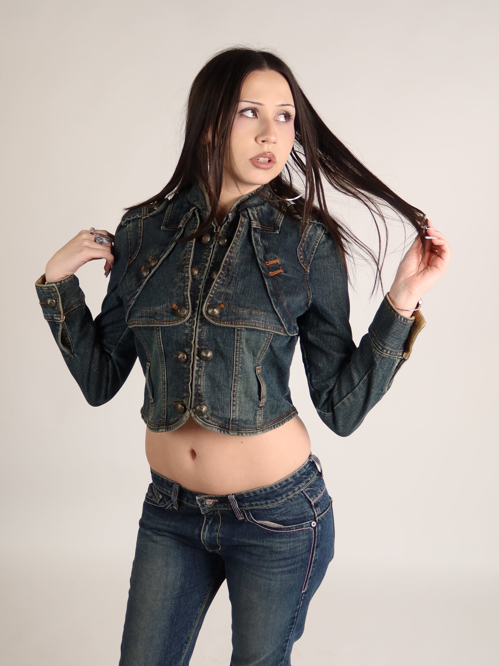 Cropped Denim Military Jacket S