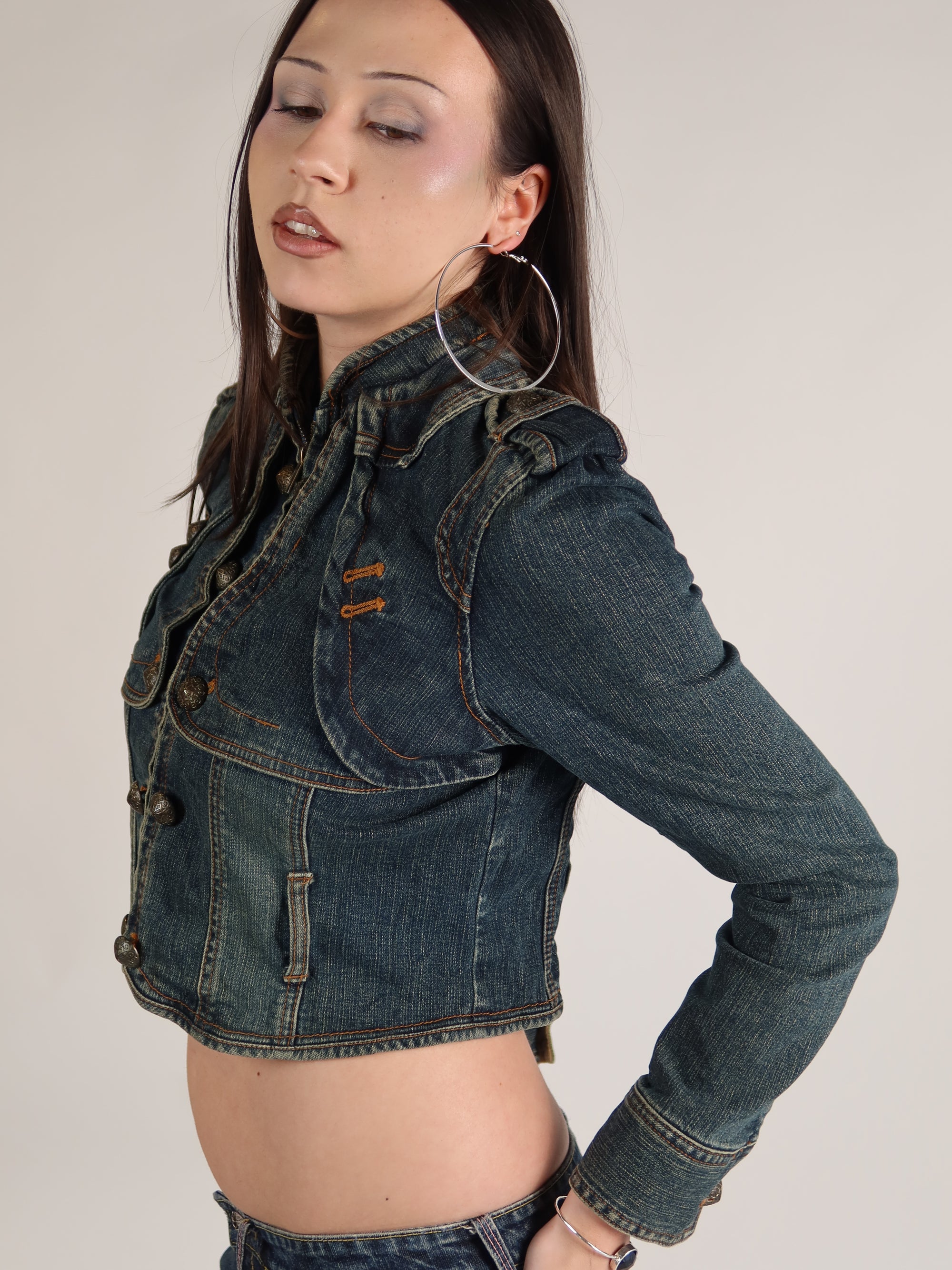 Cropped Denim Military Jacket S