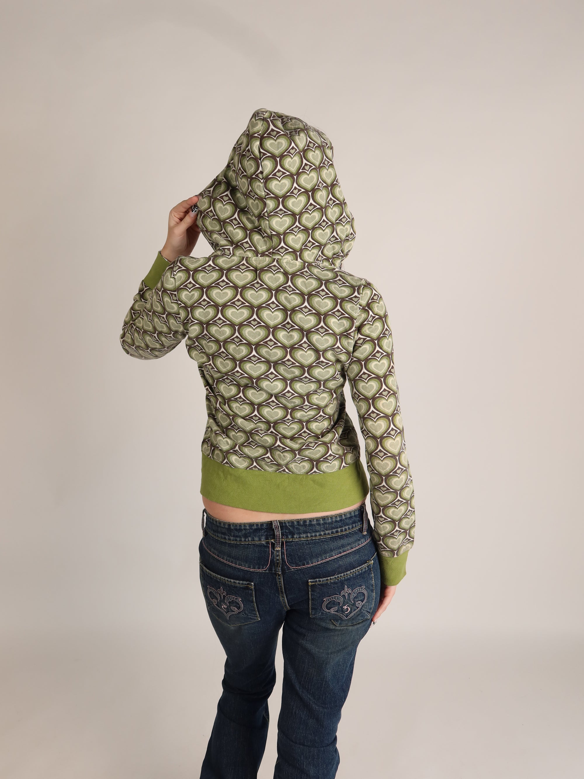 Y2K Green Heart Print Zip Hoodie S/M