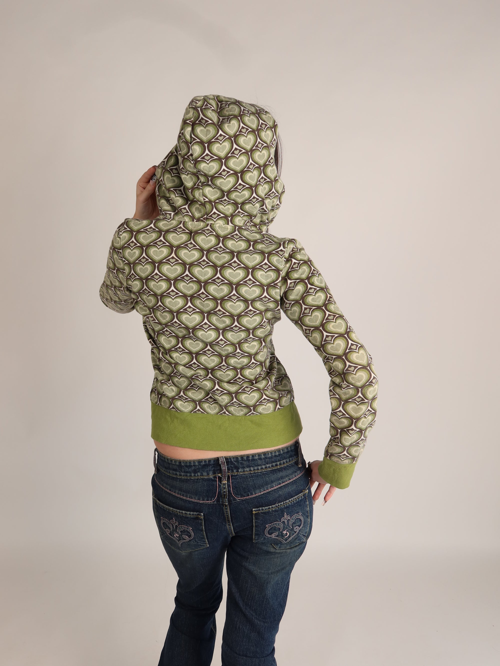 Y2K Green Heart Print Zip Hoodie S/M