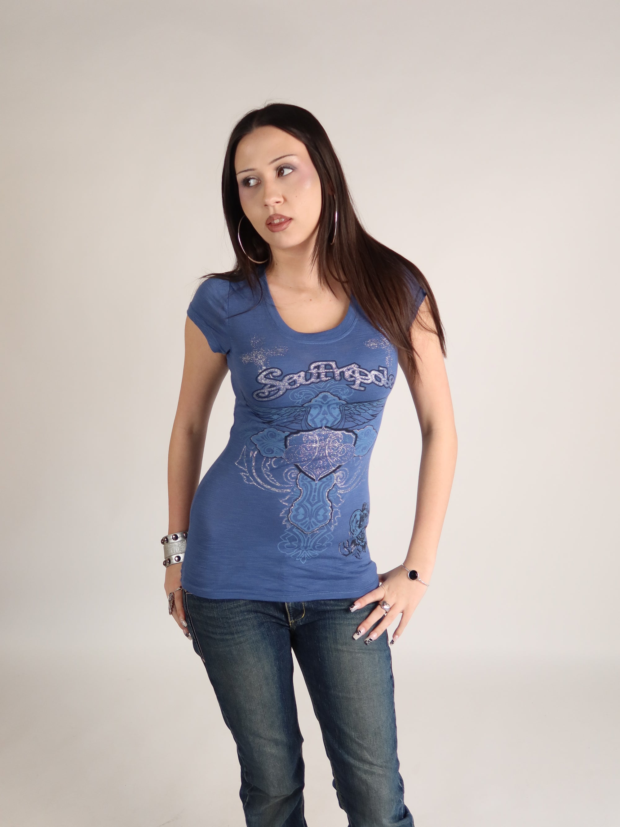 Mcbling Blue Winged Cross Tee S/M