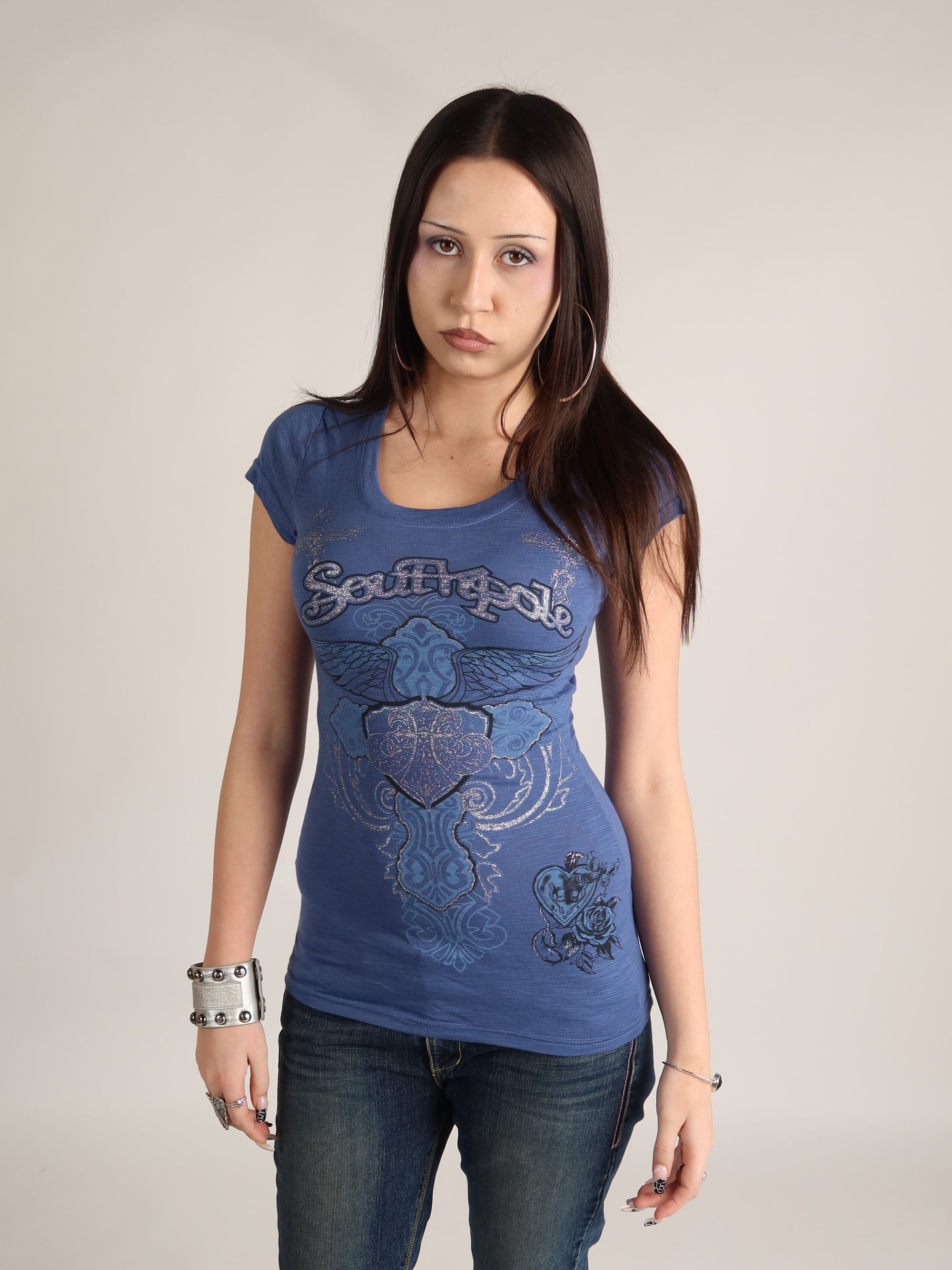 Mcbling Blue Winged Cross Tee S/M