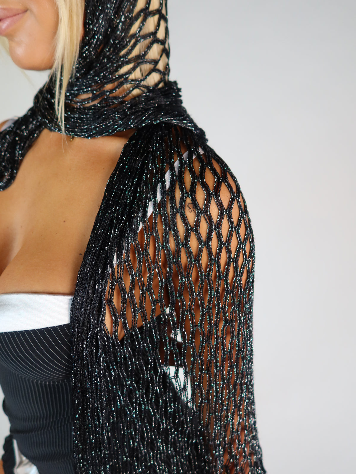 Black Glitter Mesh Fringe Scarf
